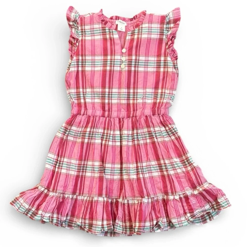 Crewcuts J. Crew Plaid Ruffle Sleeve Dress Girl's 4 Pink and White Sleeveless